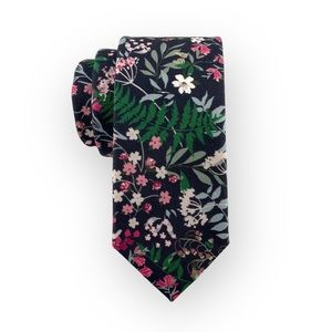 Men’s Darky Navy Meadow Floral Necktie, Slim 2.75” Width Wedding Groom Tie